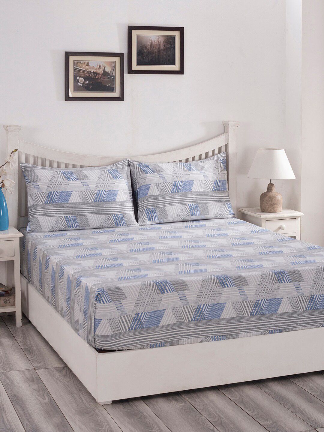 MASPAR Blue & Grey Geometric 210 TC Queen Bedsheet with 2 Pillow Covers Price in India