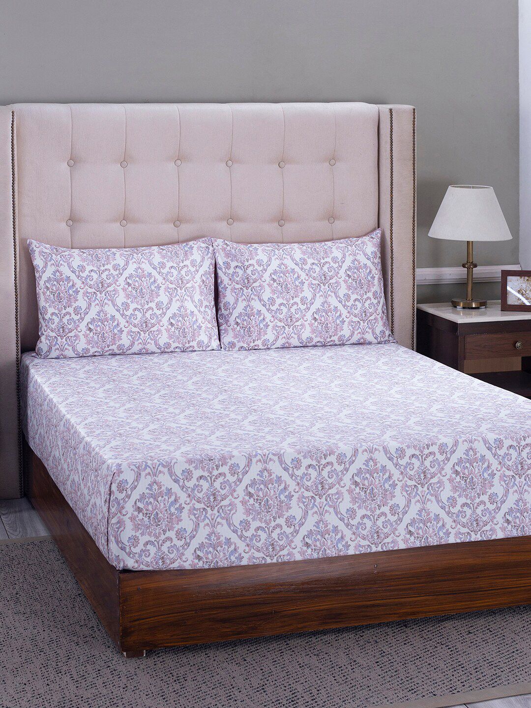 MASPAR Purple & White Floral 400 TC King Bedsheet with 2 Pillow Covers Price in India