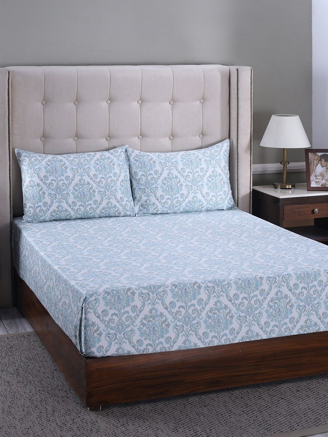 MASPAR Blue Floral 400 TC King Bedsheet with 2 Pillow Covers Price in India