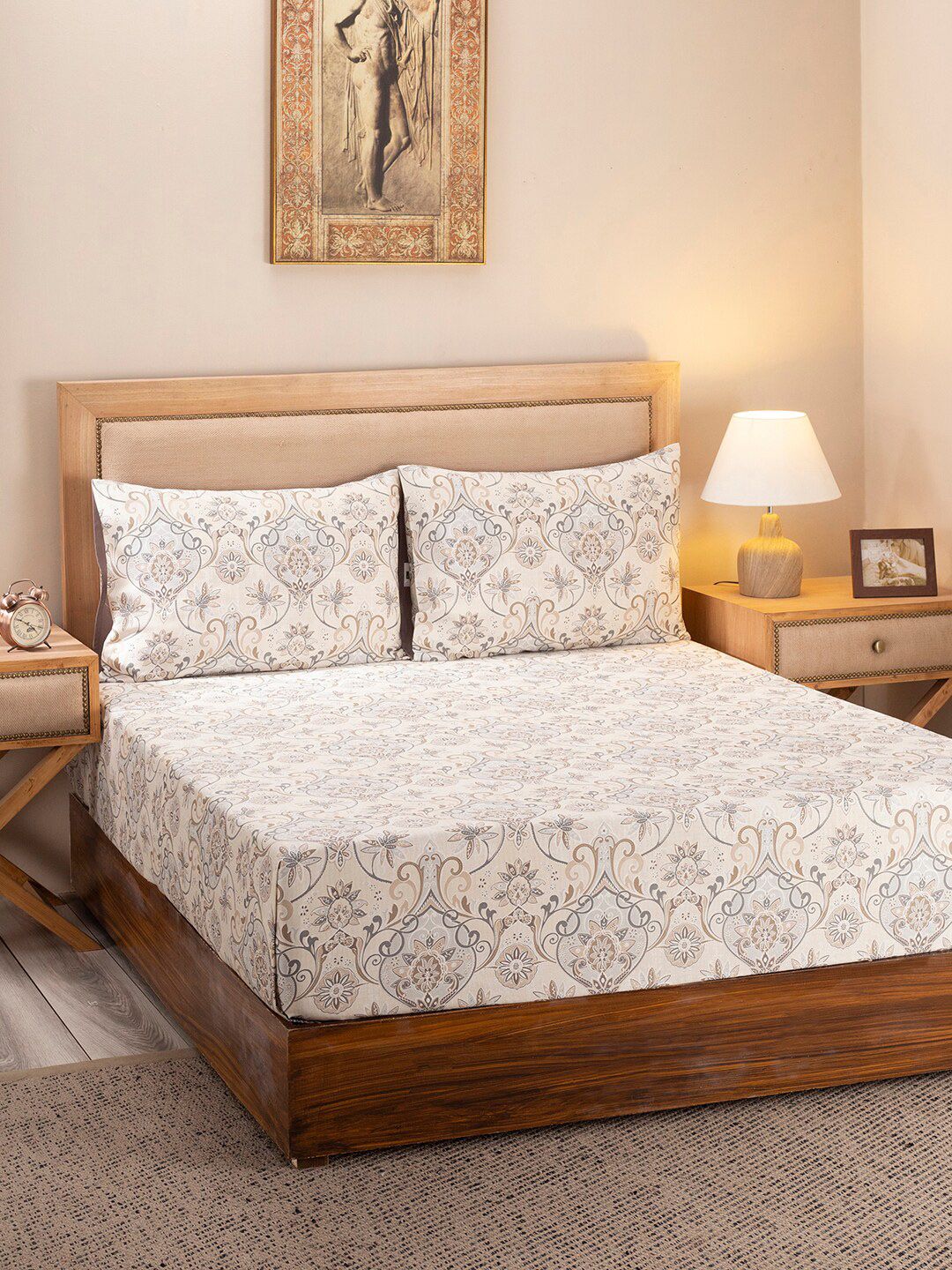 MASPAR Beige & Grey Floral 300 TC King Bedsheet with 2 Pillow Covers Price in India