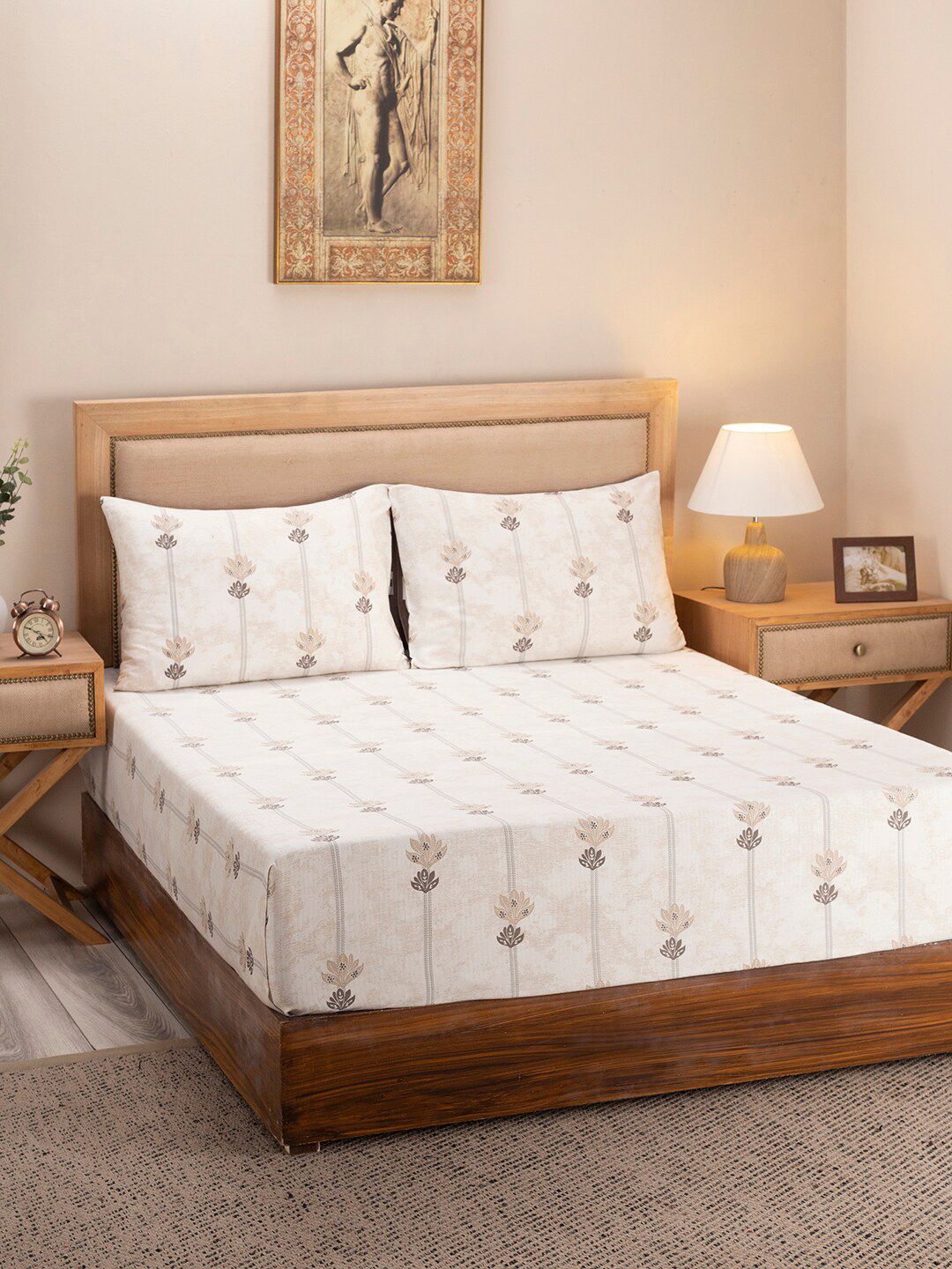 MASPAR Beige & Brown Floral 300 TC Queen Bedsheet with 2 Pillow Covers Price in India