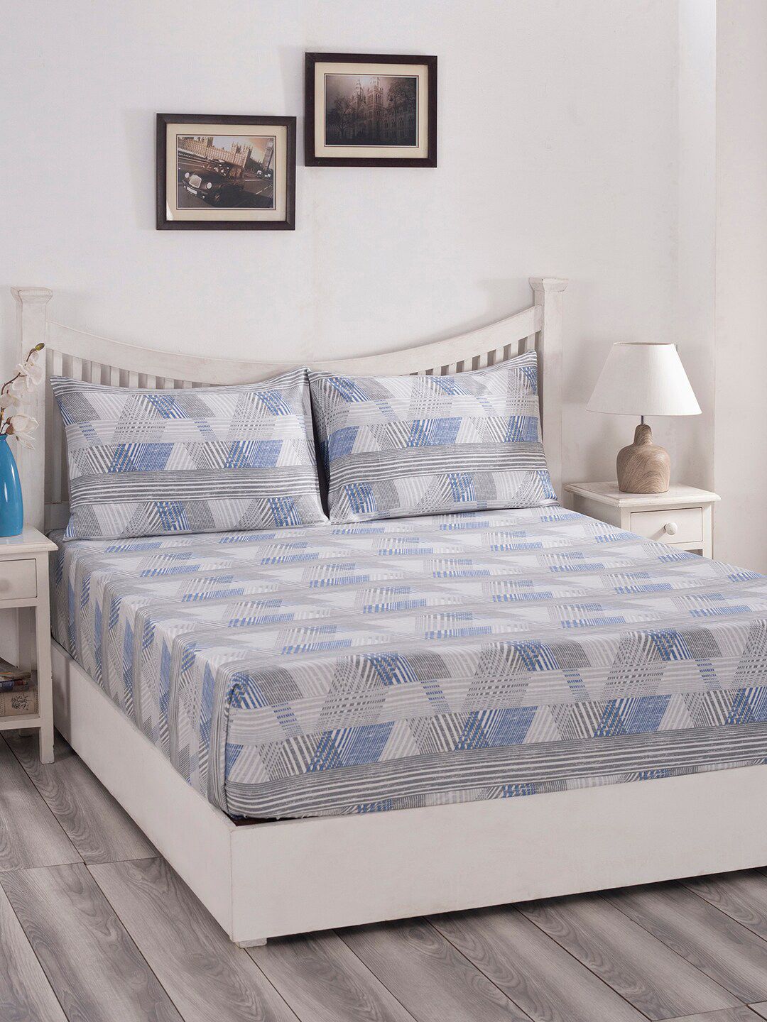 MASPAR Blue Print 210 TC Cotton  King Bed Sheet With 2 Pillow Covers Price in India