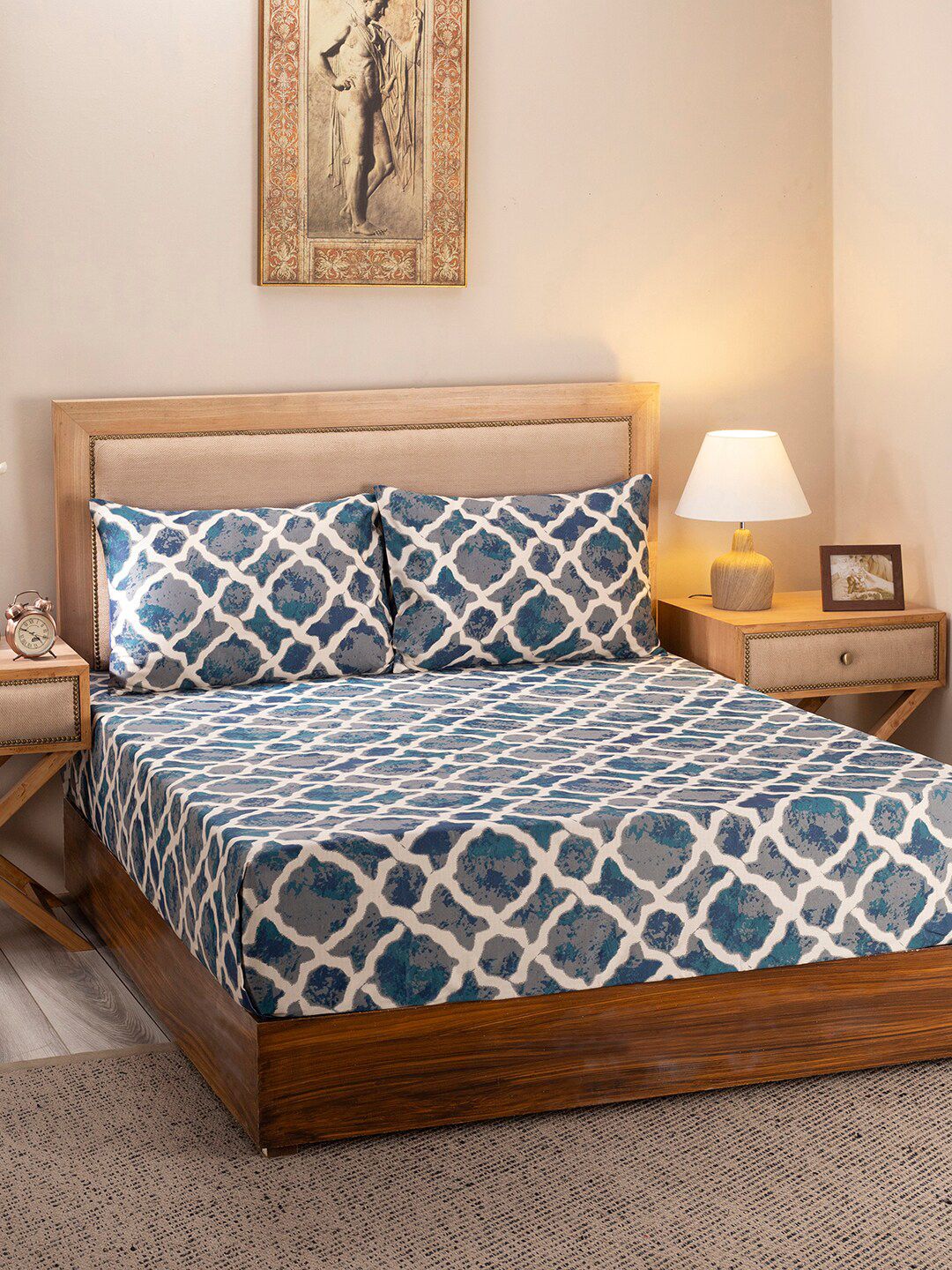 MASPAR Blue & Beige Geometric 300 TC King Bedsheet with 2 Pillow Covers Price in India
