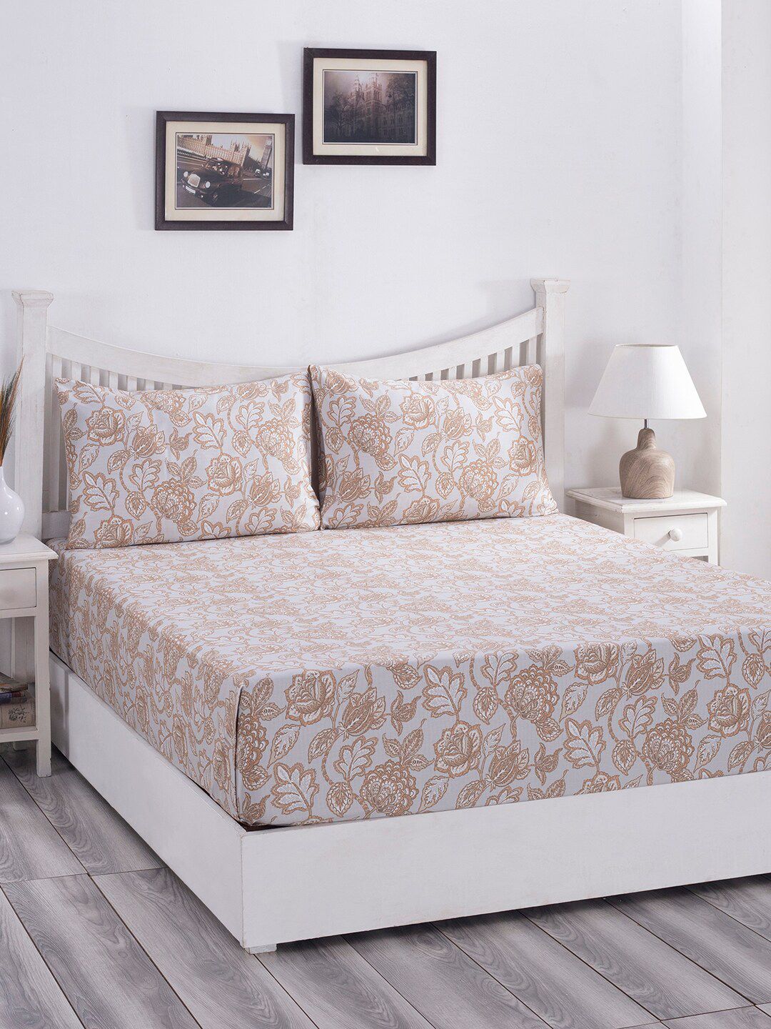 MASPAR Beige & Brown Floral 210 TC King Bedsheet with 2 Pillow Covers Price in India