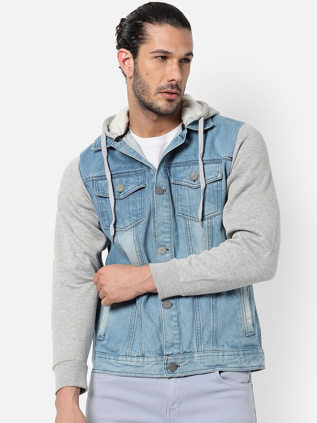 CAHOOT CAHOOT Men Blue Grey Washed Colourblocked Windcheater Outdoor Denim Jacket