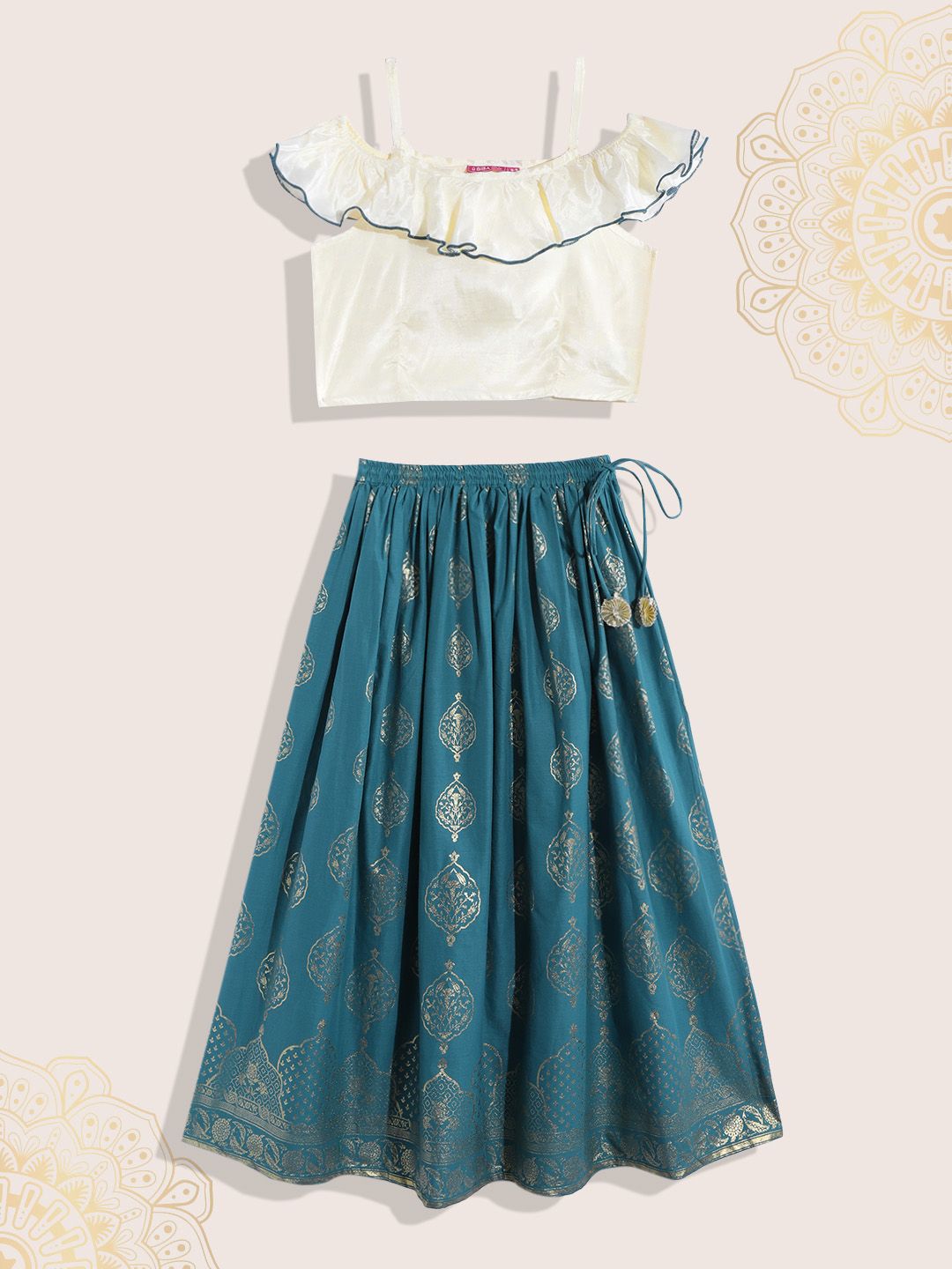 Biba Girls White & Teal Blue Ethnic Motif Printed Ready to Wear Lehenga & Blouse
