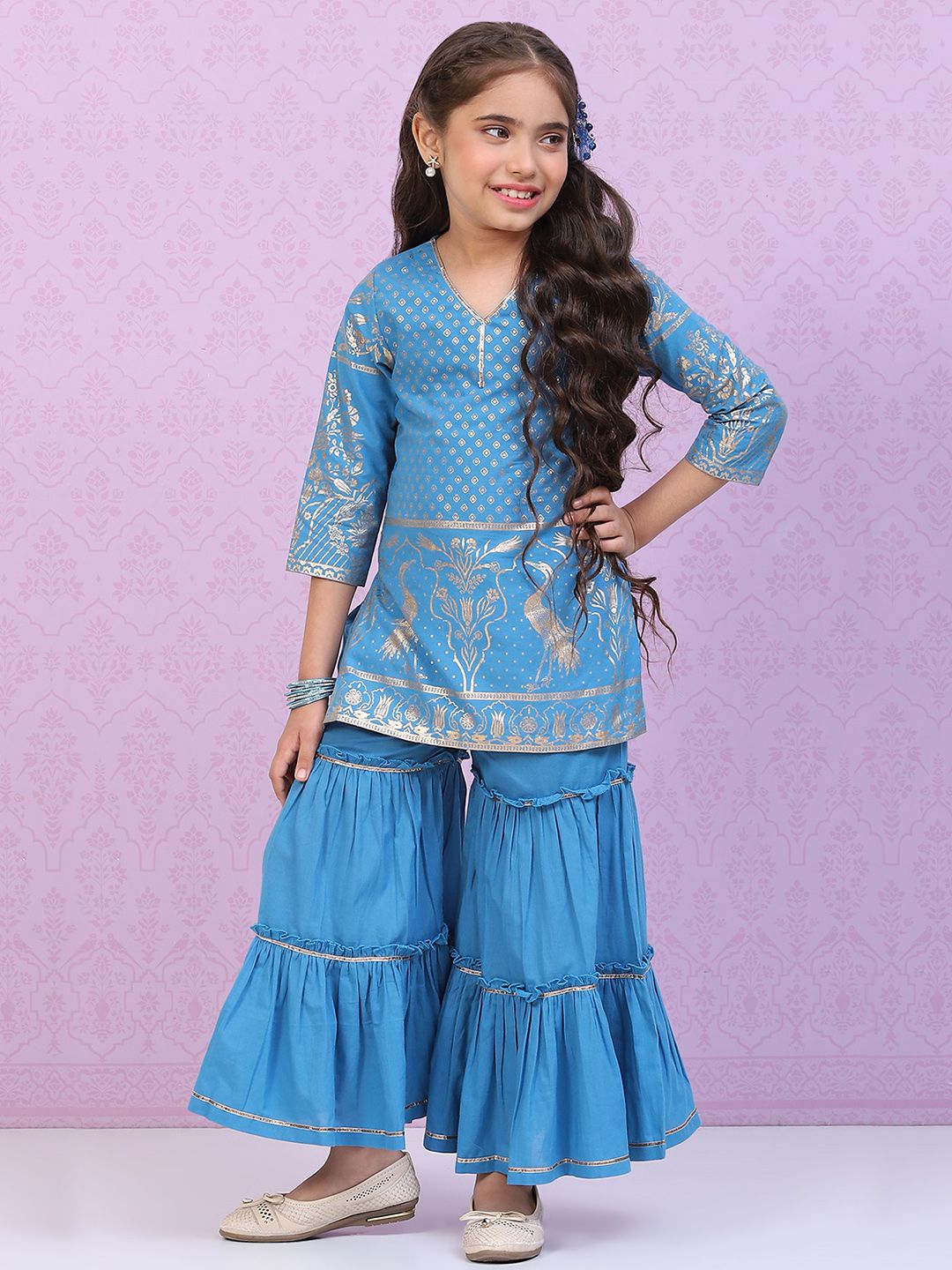 Biba Girls Ethnic Motifs Printed Gotta Patti Kurti with Sharara