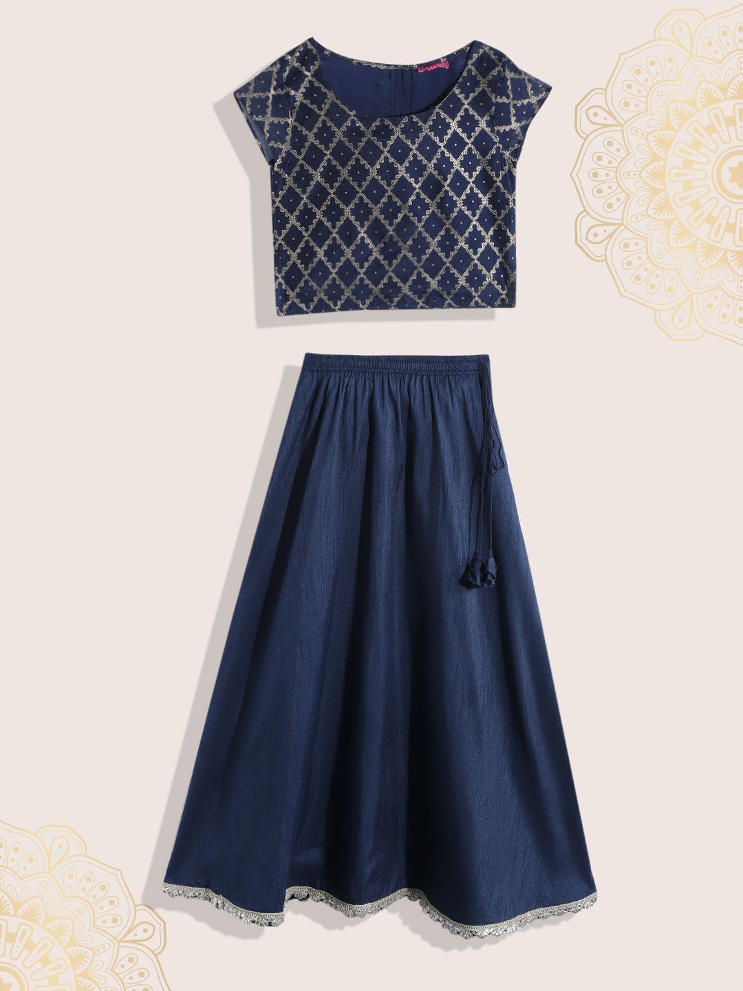 Biba Girls Navy Blue & Gold-Toned Printed Ready to Wear Lehenga & Blouse