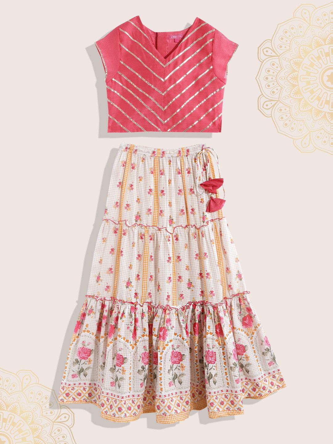 Biba Girls Fuchsia Pink & Off White Floral Gotta Patti Ready to Wear Lehenga & Blouse
