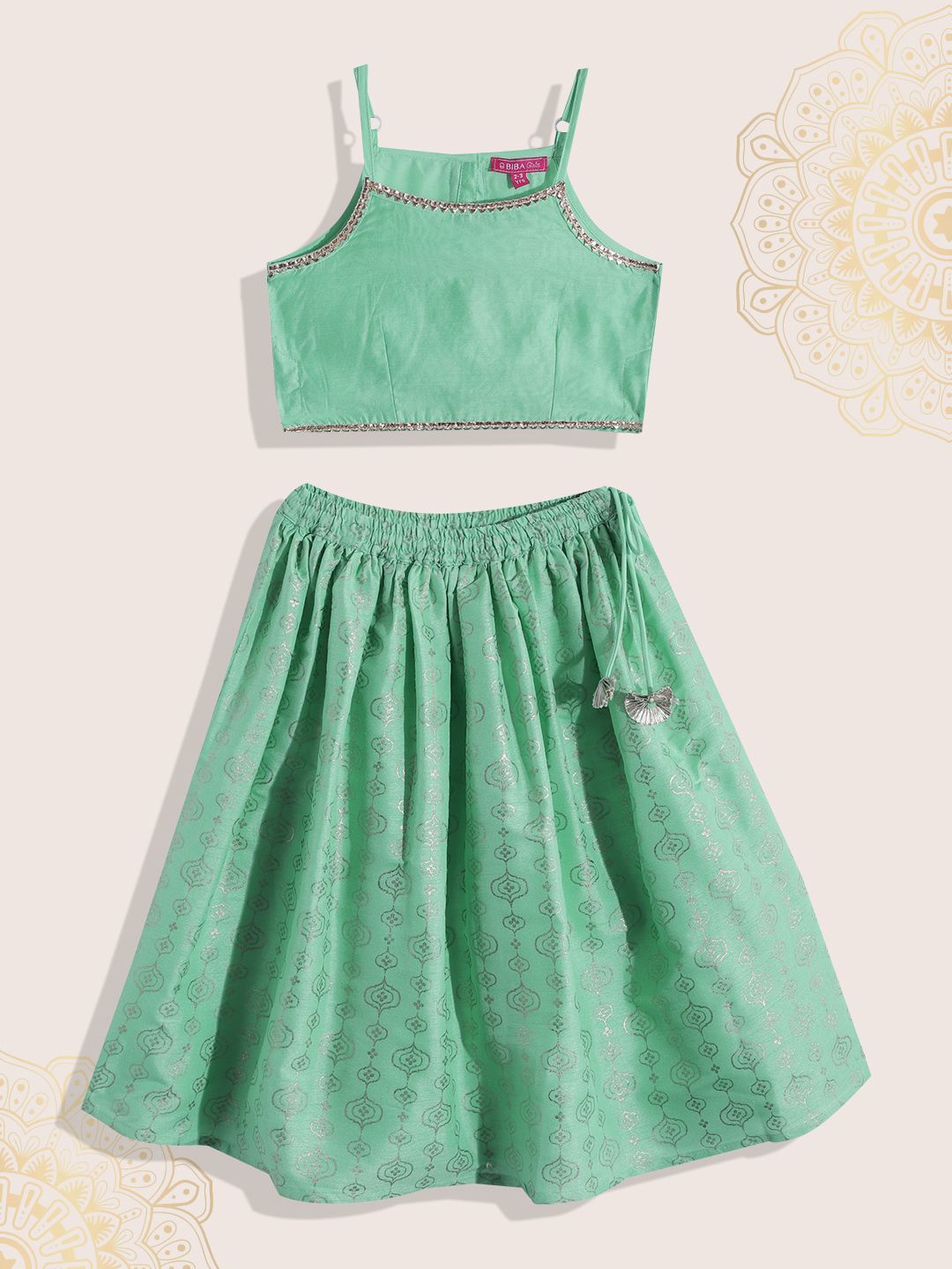 Biba Girls Green & Gold Ready to Wear Lehenga & Choli