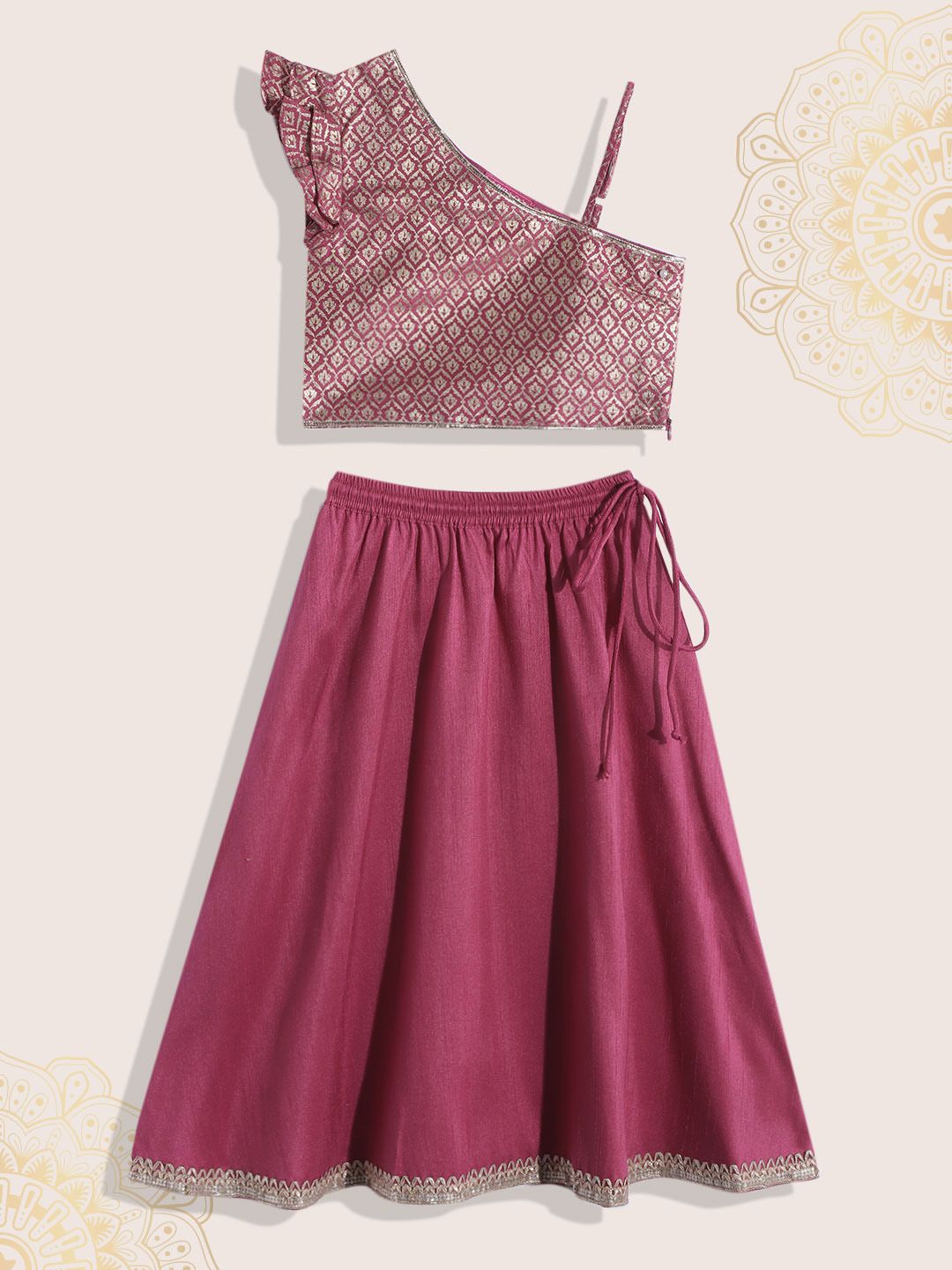 Biba Girls Pink & Gold-Toned Printed Ready to Wear Lehenga & Blouse