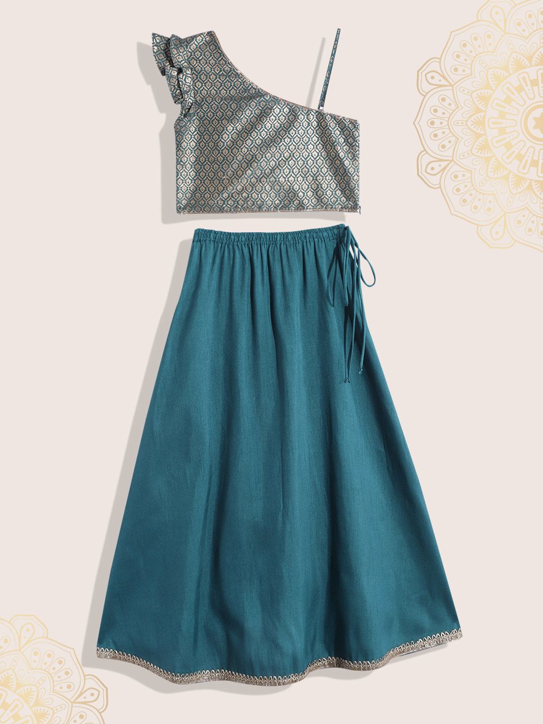 Biba Girls Teal & Gold-Toned Ethnic Printed Ready to Wear Lehenga & Blouse