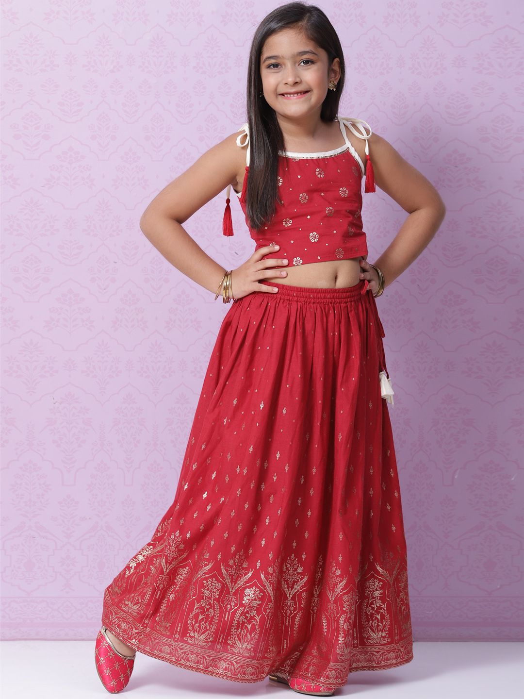 Biba Girls Red & Gold Ethnic Motifs Printed Ready to Wear Cotton Lehenga & Choli