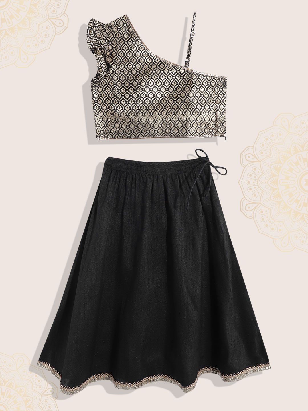 Biba Girls Black & Gold-Toned Printed Ready to Wear Lehenga & Blouse