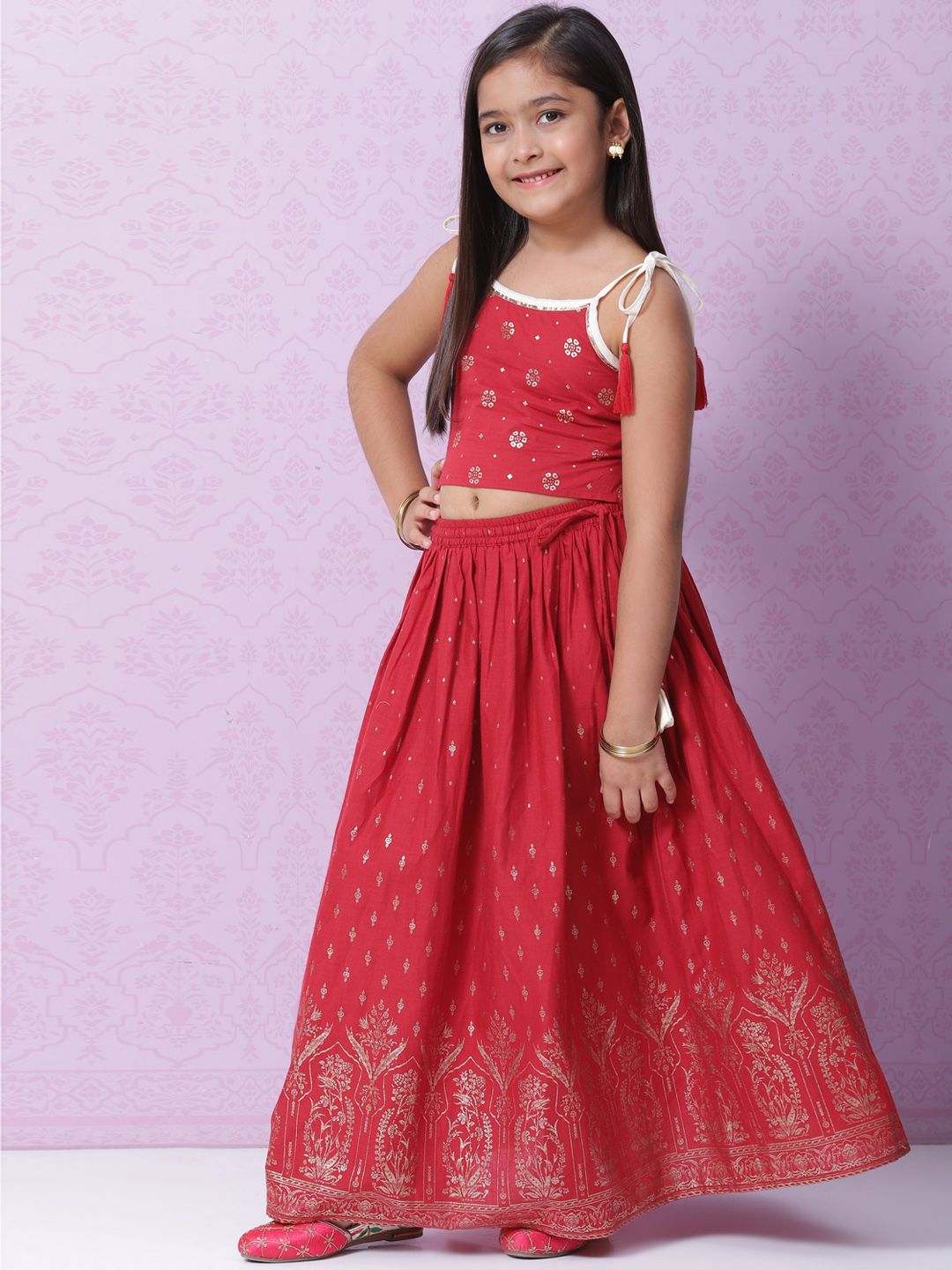 Biba Girls Red & Gold Ethnic Motifs Printed Ready to Wear Cotton Lehenga & Choli