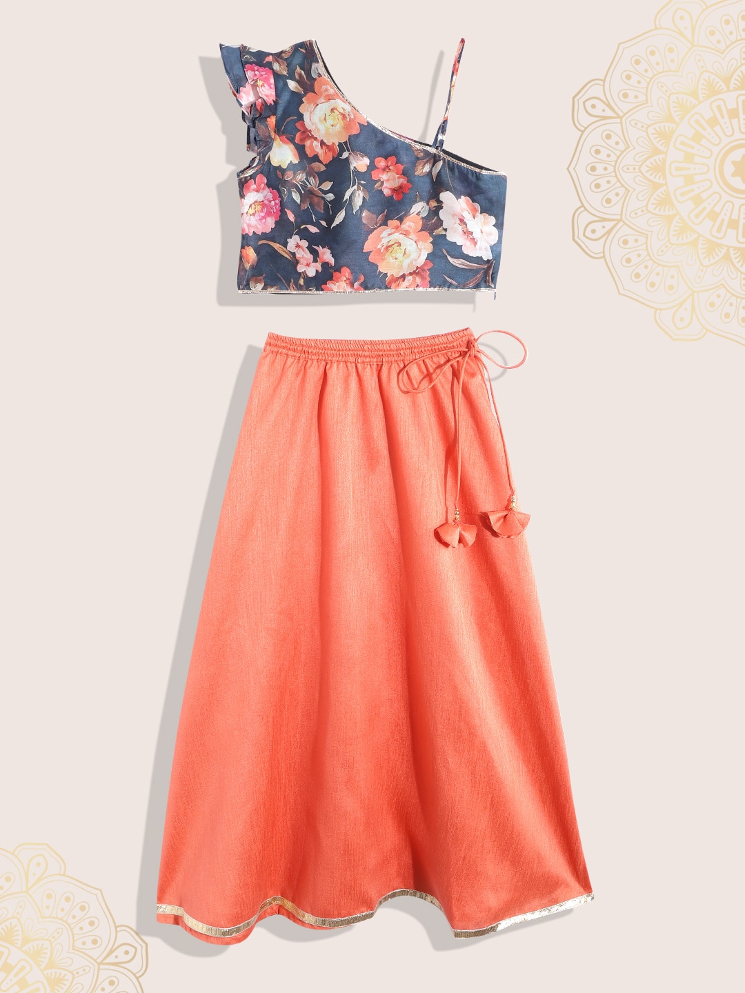 Biba Girls Peach-Coloured Solid Ready to Wear Lehenga & Choli Price in India