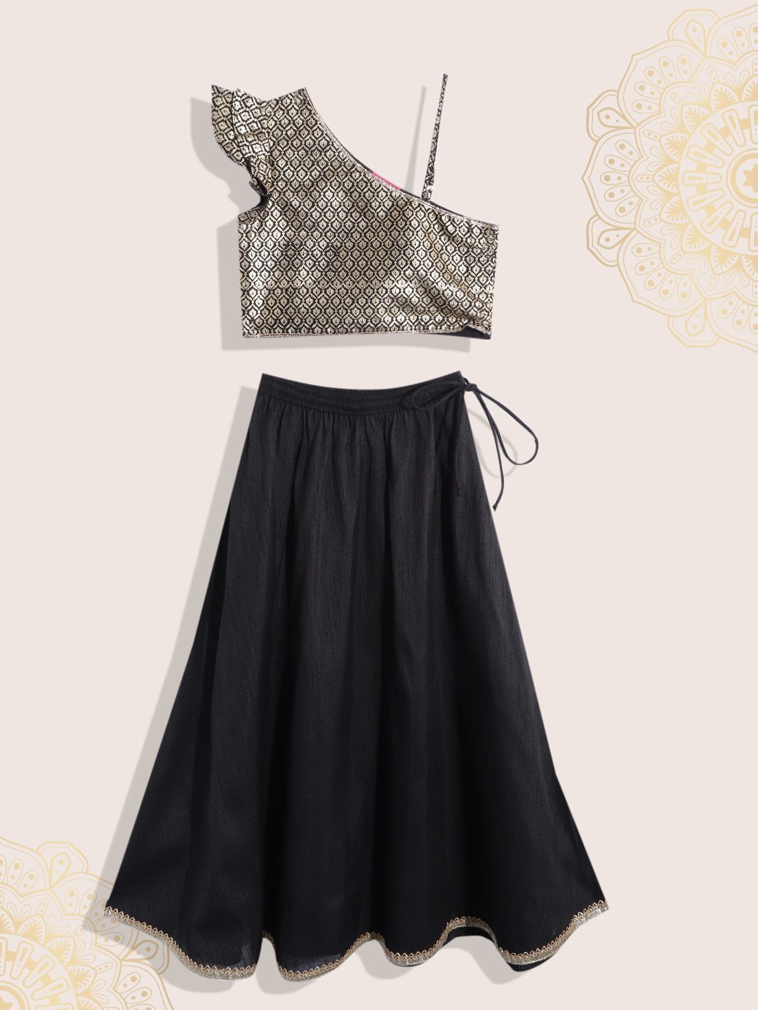 Biba Girls Black & Gold-Toned Printed Ready to Wear Lehenga  & Blouse