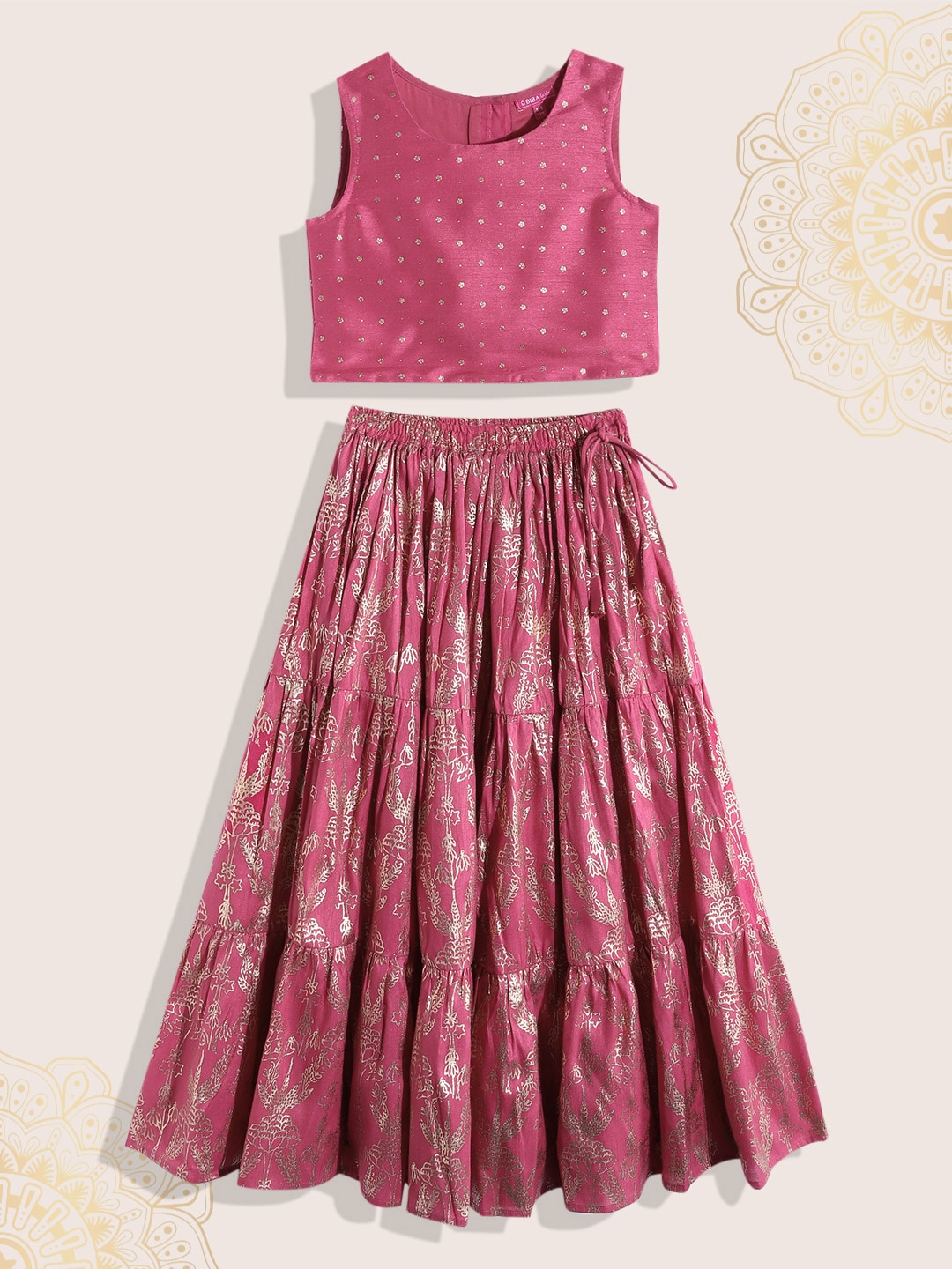 Biba Girls Pink & Gold-Toned Printed Ready to Wear Lehenga & Blouse Price in India