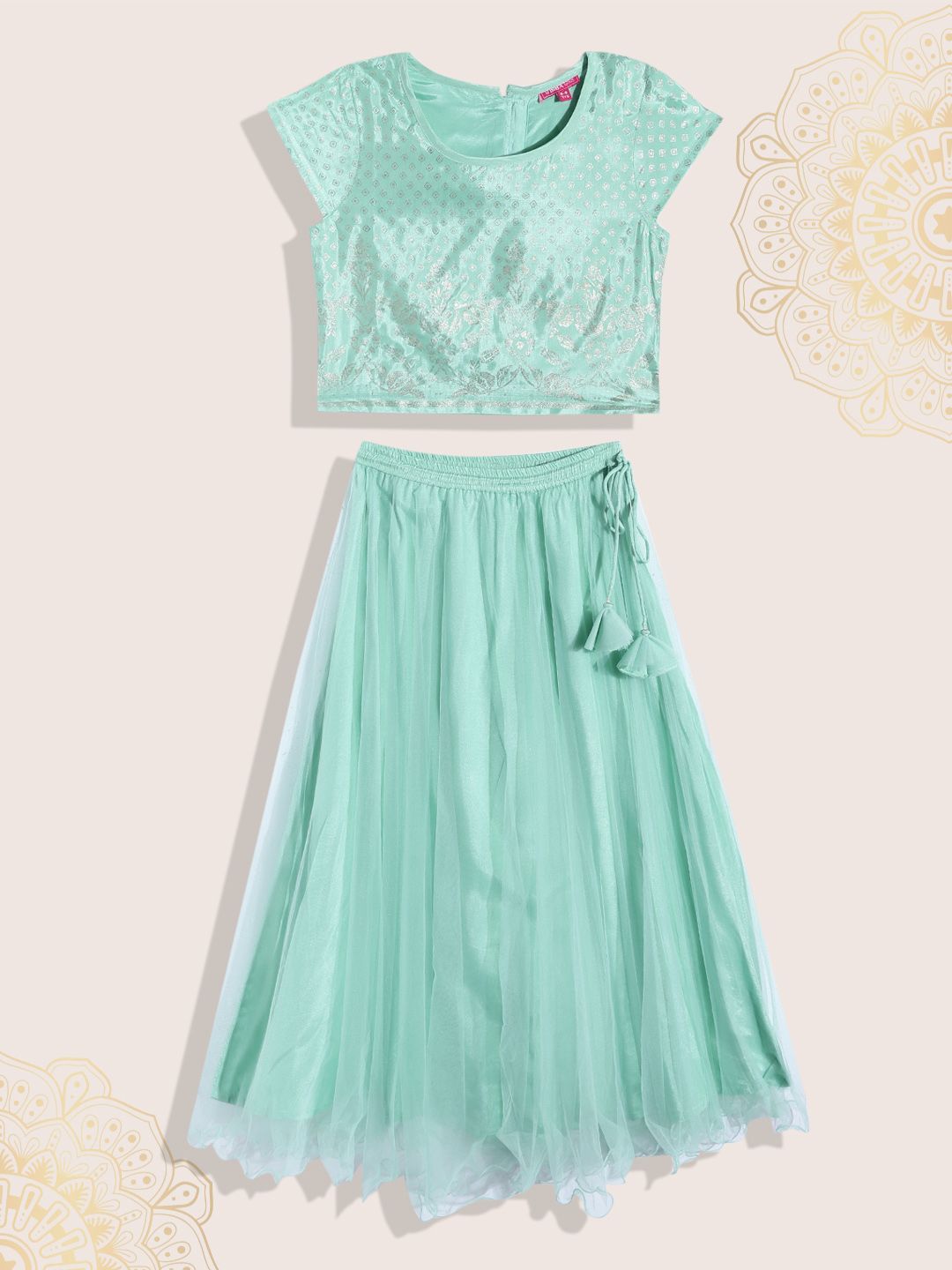 Biba Girls Mint Green & Gold-Toned Printed Ready to Wear Lehenga & Blouse
