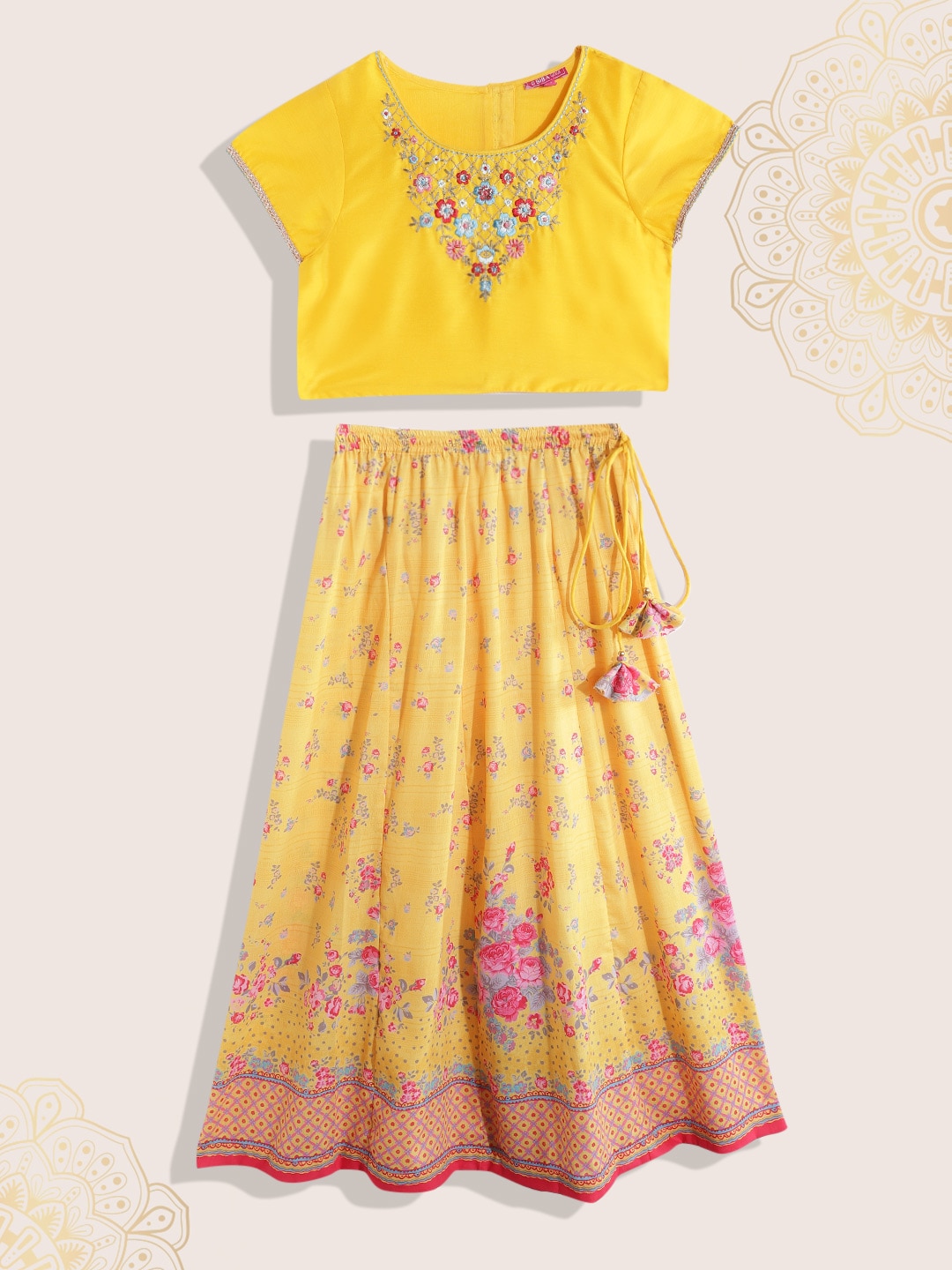 Biba Girls Yellow & Pink Floral Embroidered Ready to Wear Lehenga & Blouse Price in India