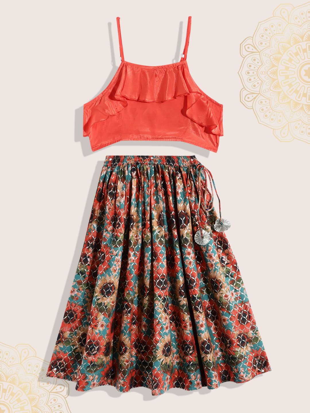 Biba Girls Orange & Green Ready to Wear Lehenga & Blouse