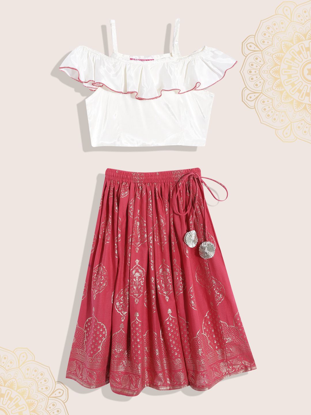 Biba Girls Off White & Red Ready to Wear Lehenga & Blouse