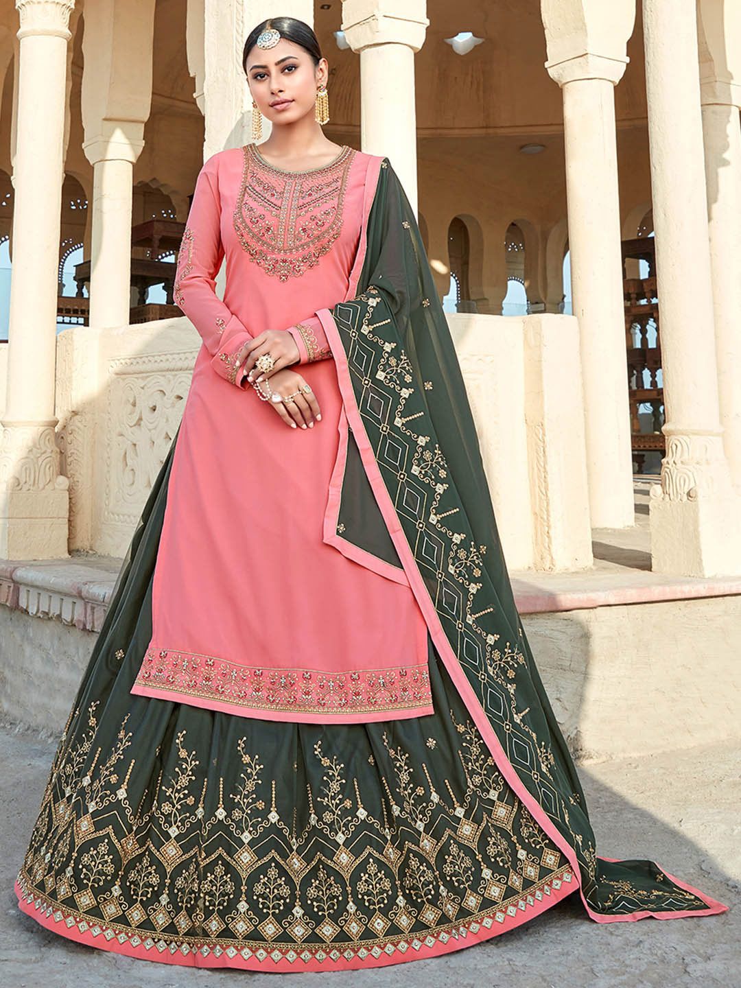Shaily Pink & Green Embroidered Silk Georgette Unstitched Dress Material Price in India