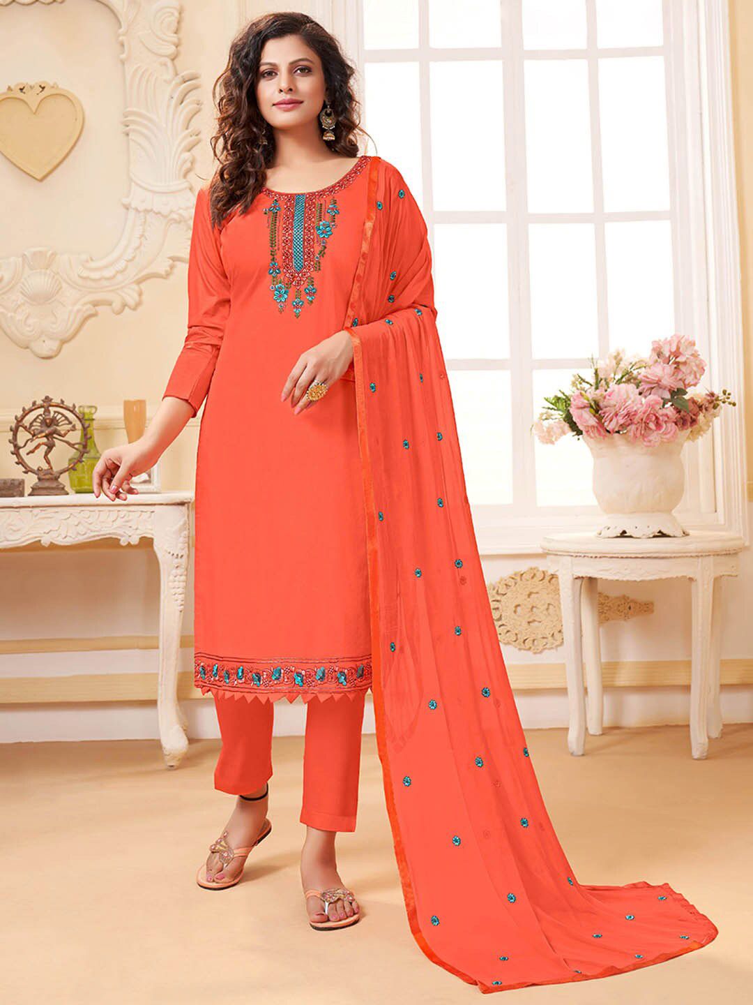 Shaily Peach-Coloured & Blue Embroidered Pure Cotton Unstitched Dress Material Price in India