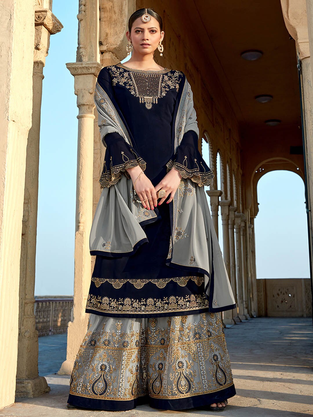 Shaily Navy Blue & Grey Embroidered Silk Georgette Unstitched Dress Material Price in India