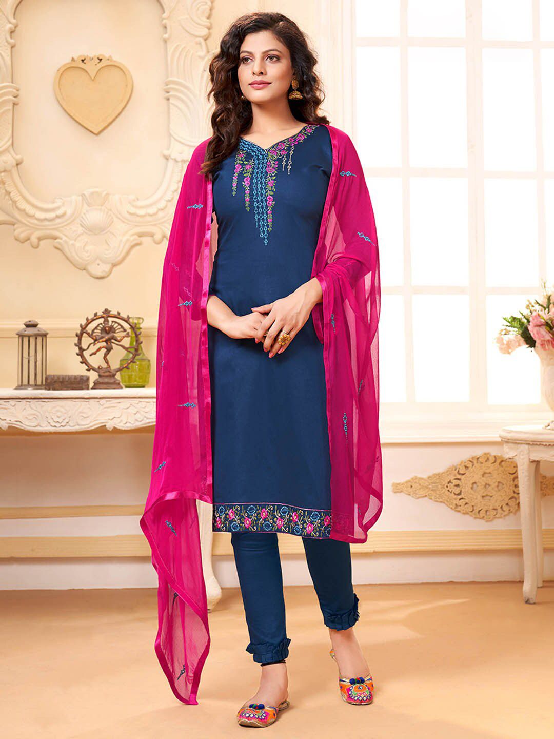 Shaily Blue & Pink Embroidered Pure Cotton Unstitched Dress Material Price in India