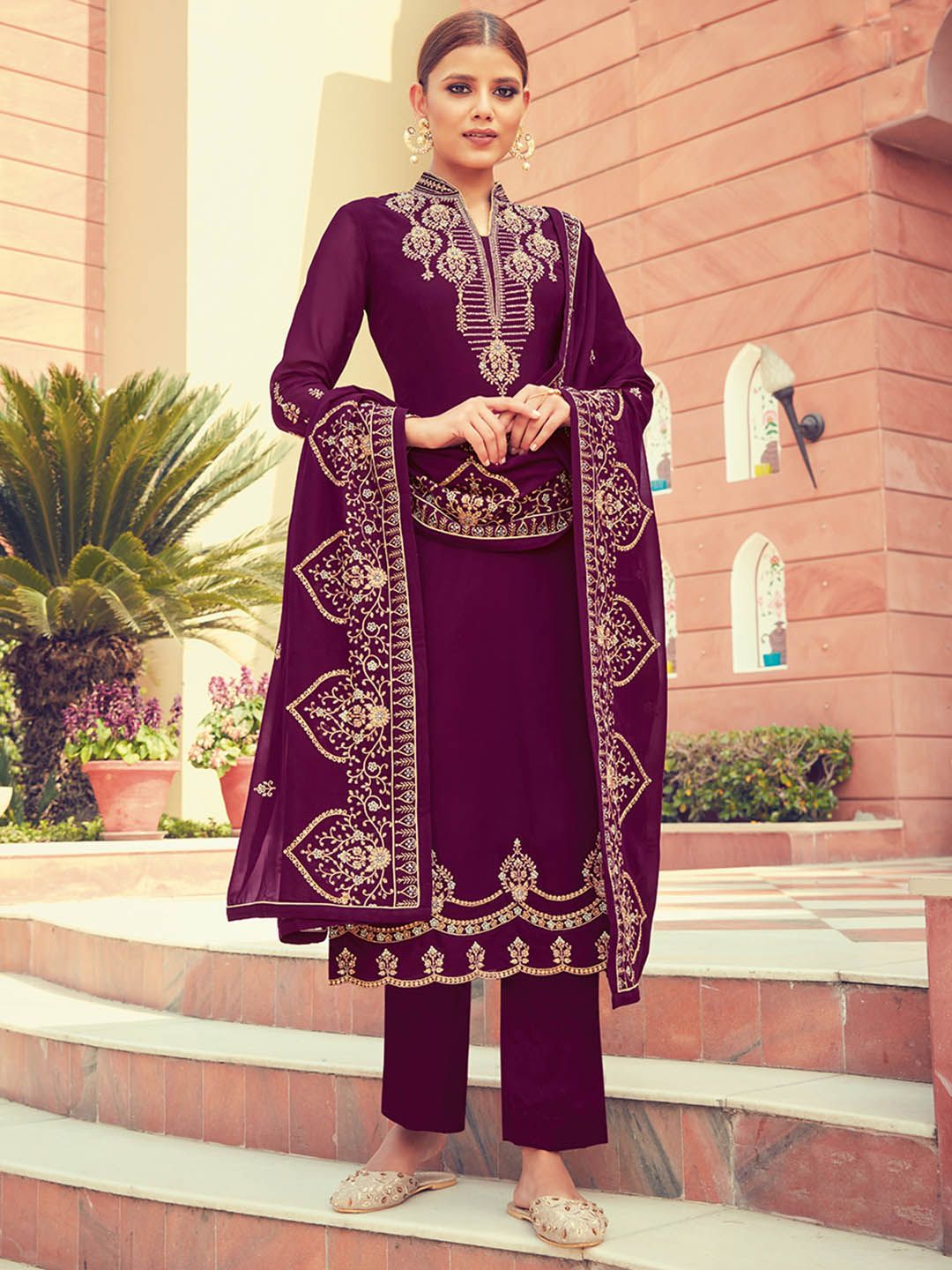 Shaily Burgundy & Cream-Coloured Embroidered Silk Georgette Unstitched Dress Material Price in India
