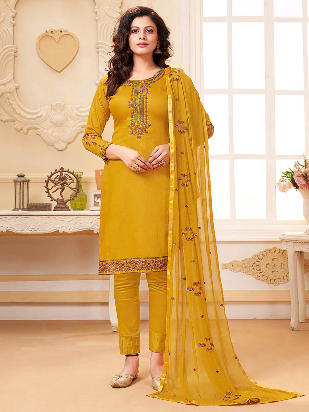 Shaily Mustard & Pink Embroidered Pure Cotton Unstitched Dress Material Price in India