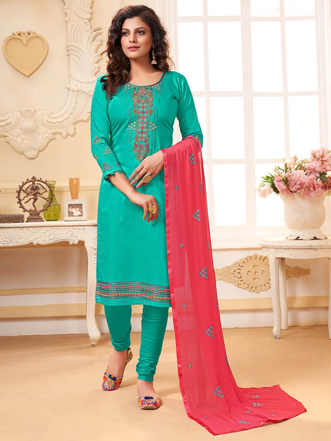 Shaily Turquoise Blue & Red Embroidered Pure Cotton Unstitched Dress Material Price in India