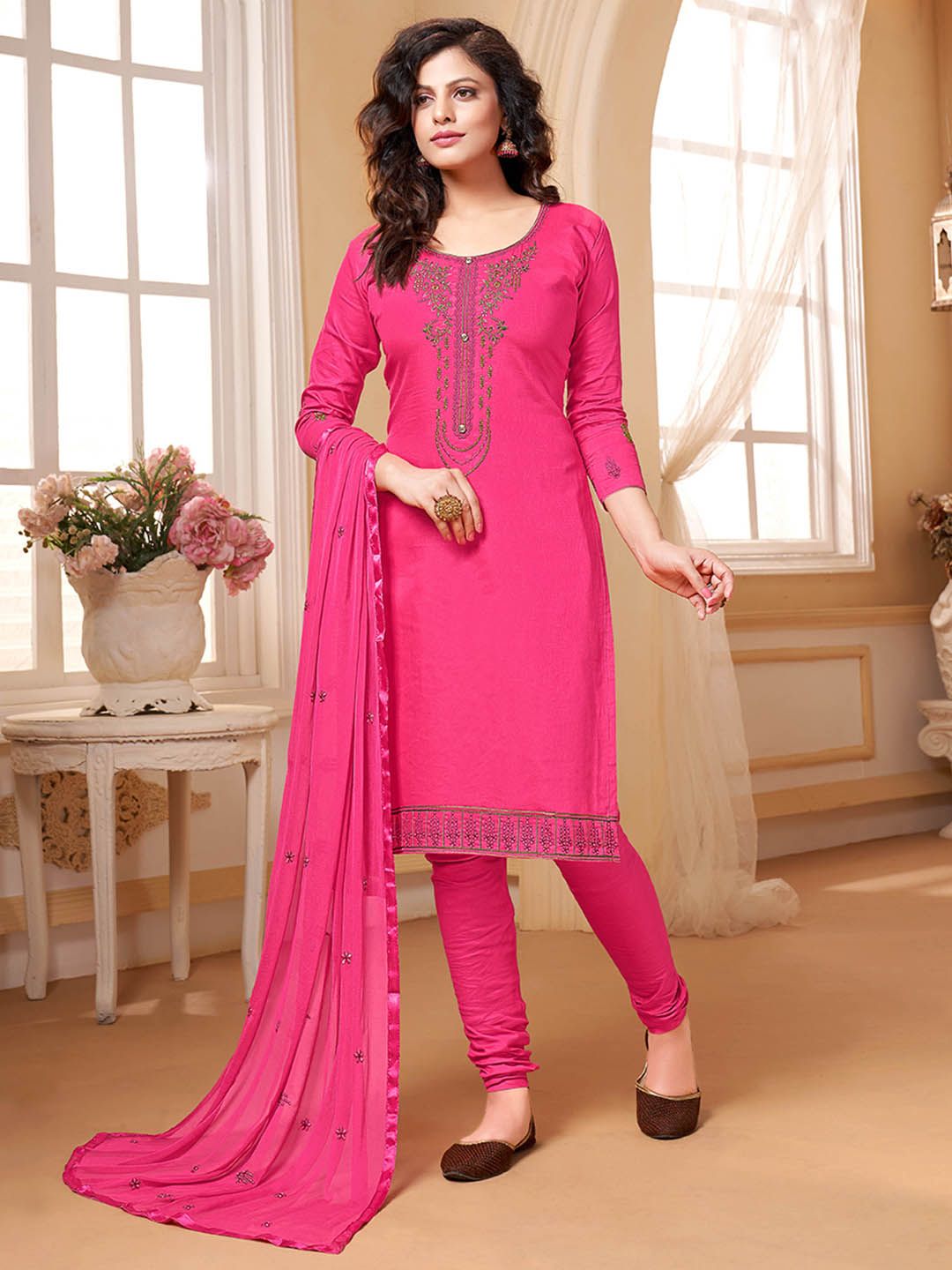 Shaily Pink & Green Embroidered Pure Cotton Unstitched Dress Material Price in India