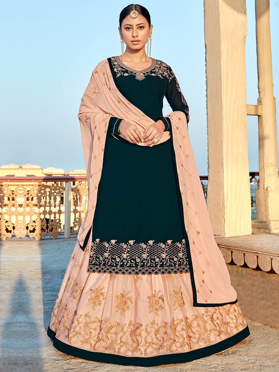 Shaily Navy Blue & Peach-Coloured Embroidered Silk Georgette Unstitched Dress Material Price in India