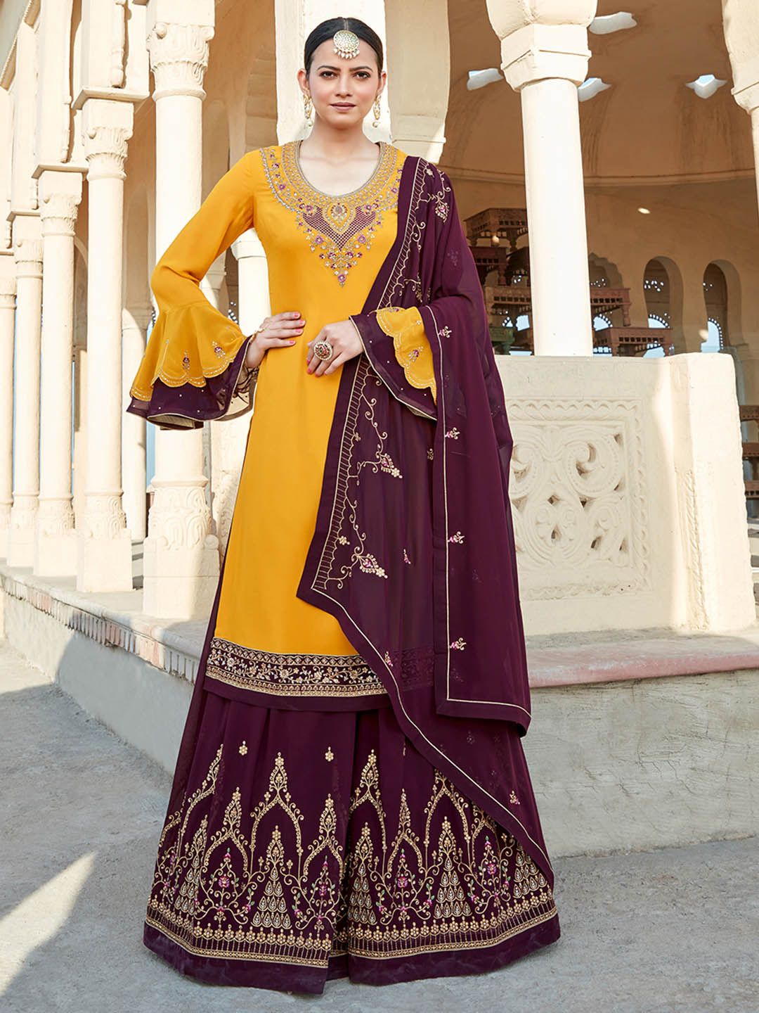 Shaily Yellow & Purple Embroidered Silk Georgette Unstitched Dress Material Price in India