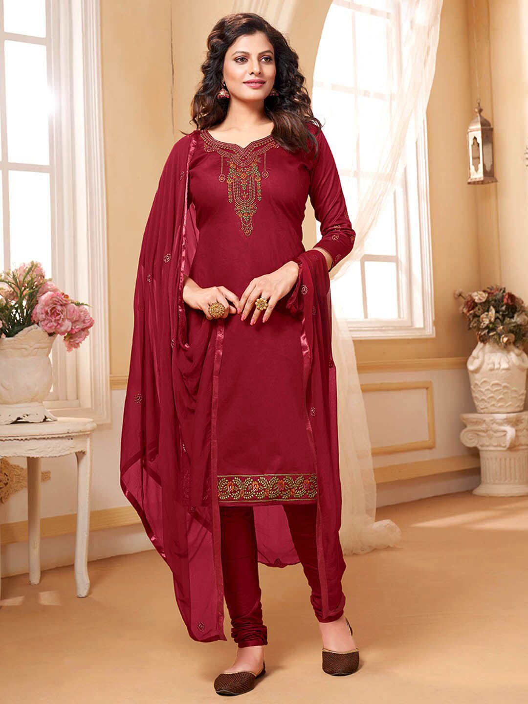 Shaily Maroon & Gold-Toned Embroidered Pure Cotton Unstitched Dress Material Price in India