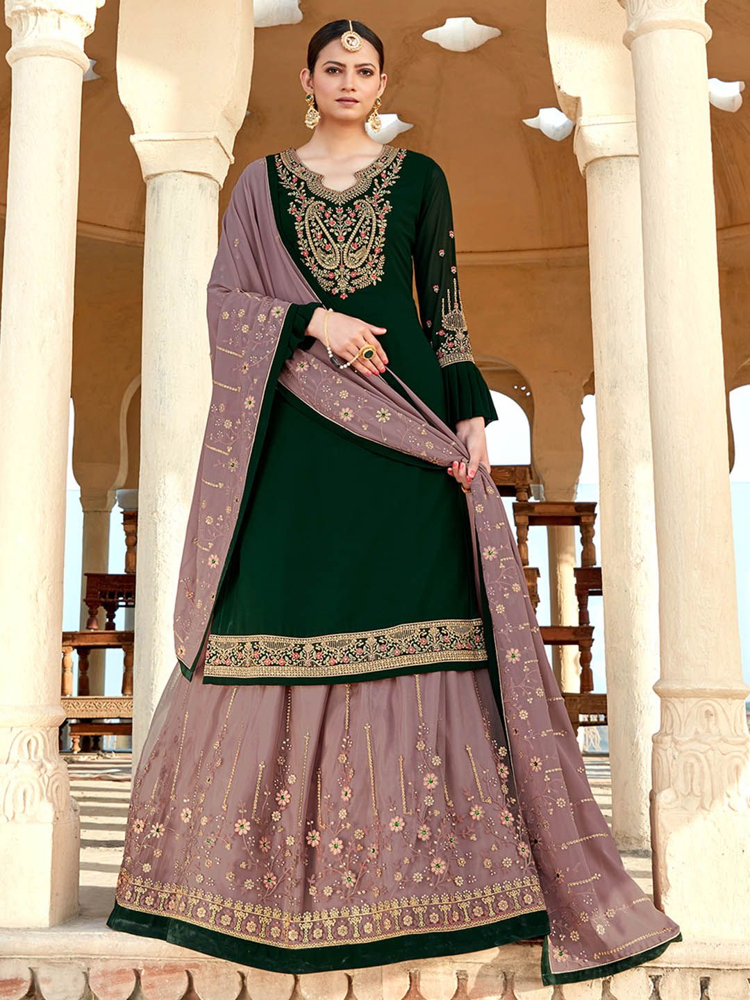 Shaily Green & Pink Embroidered Silk Georgette Unstitched Dress Material Price in India