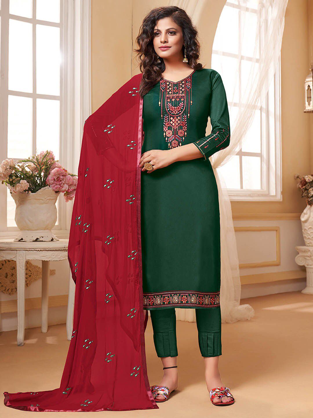 Shaily Green & Red Embroidered Pure Cotton Unstitched Dress Material Price in India