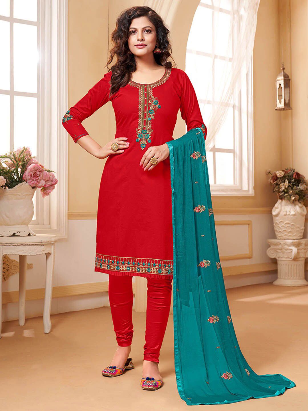 Shaily Red & Blue Embroidered Pure Cotton Unstitched Dress Material Price in India