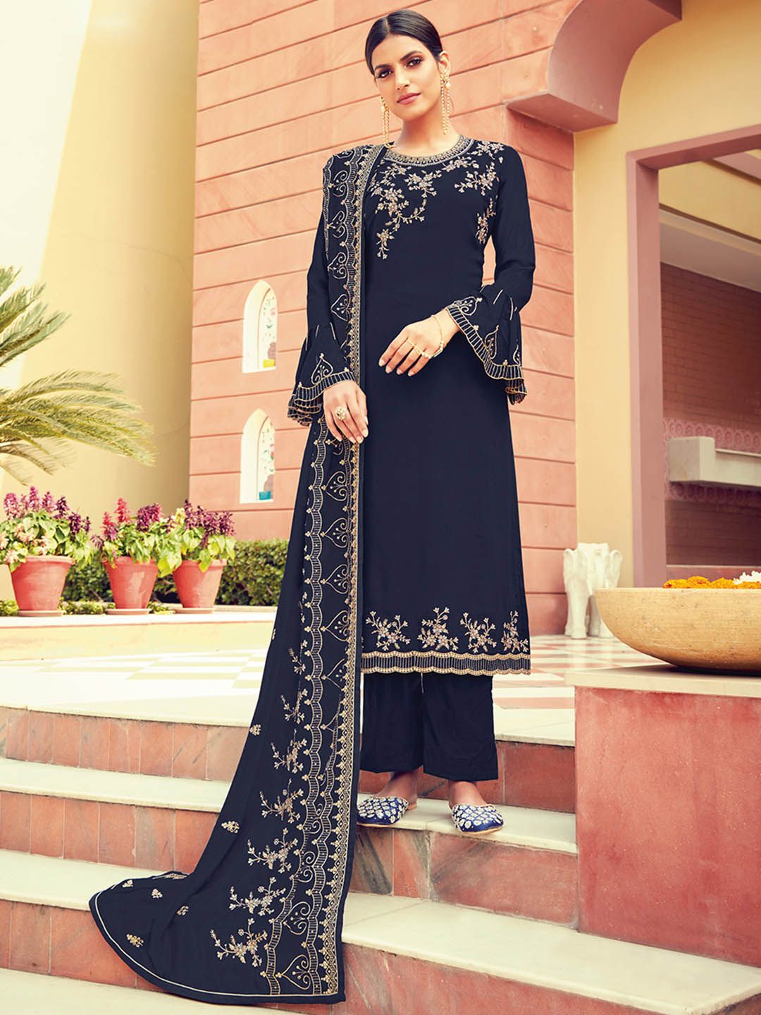Shaily Navy Blue & Cream-Coloured Embroidered Silk Georgette Unstitched Dress Material Price in India
