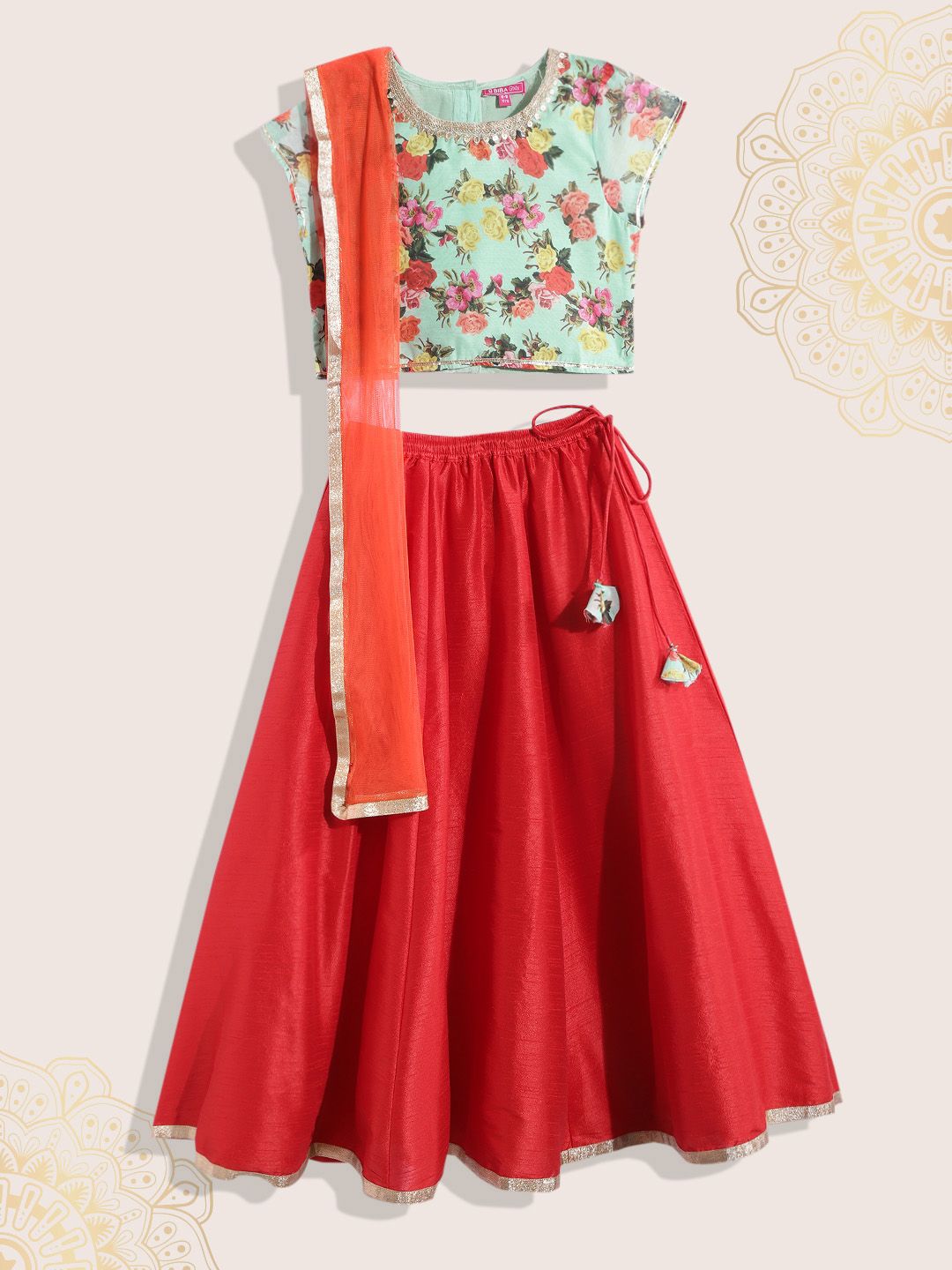 Biba Girls Red & Green Floral Printed Ready to Wear Lehenga & Blouse With Dupatta Price in India