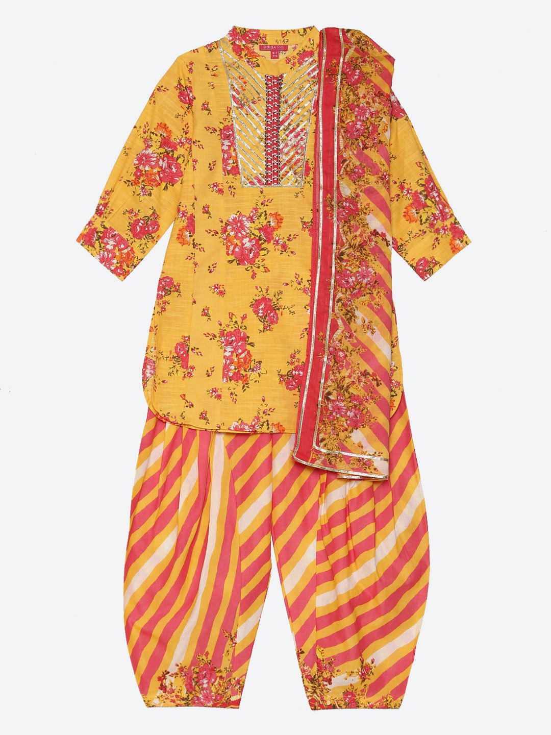 Biba Girls Yellow Floral Printed Gotta Patti Kurta with Palazzos & With Dupatta