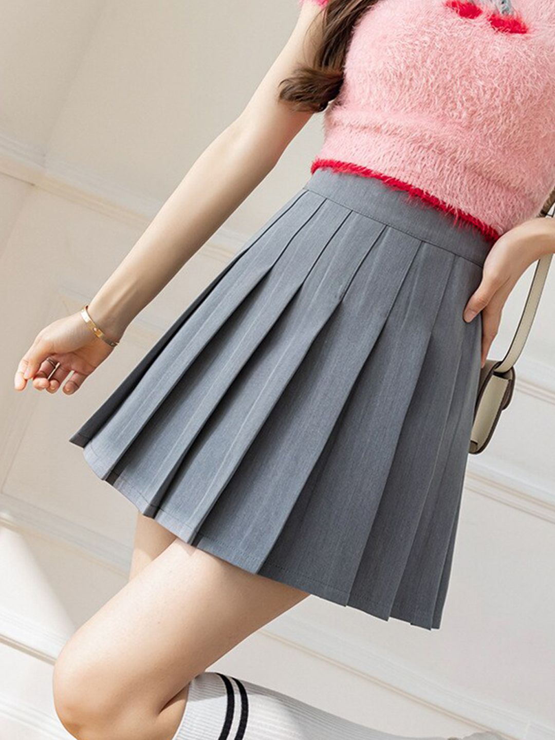 La Aimee Women Grey Solid High Waist Pleated Short A-Line Skirt Price in India