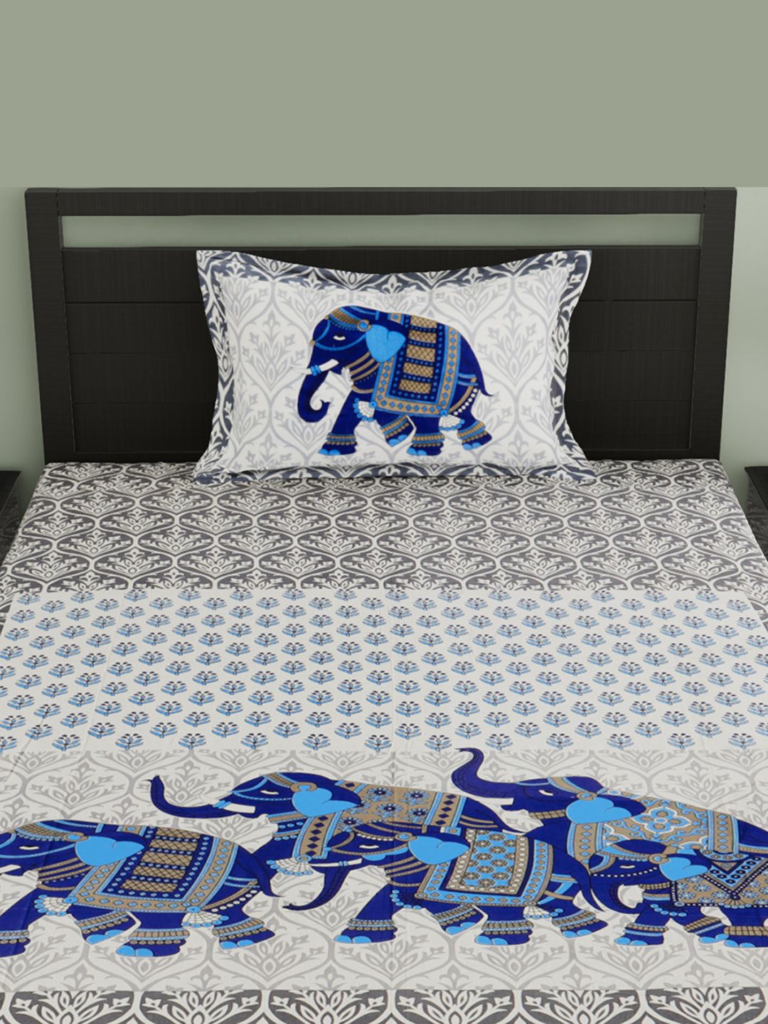 Urban Magic Blue & Off White Ethnic Motifs 104 TC Single Bedsheet with 1 Pillow Covers Price in India