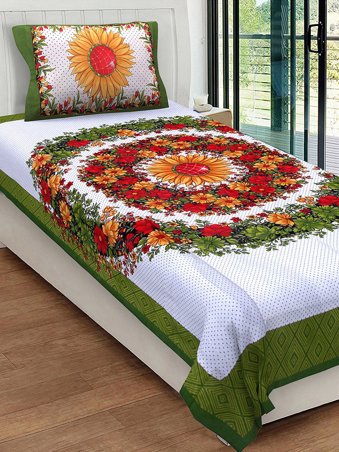 Urban Magic White & Green 104 TC Single Bedsheet with 1 Pillow Covers Price in India