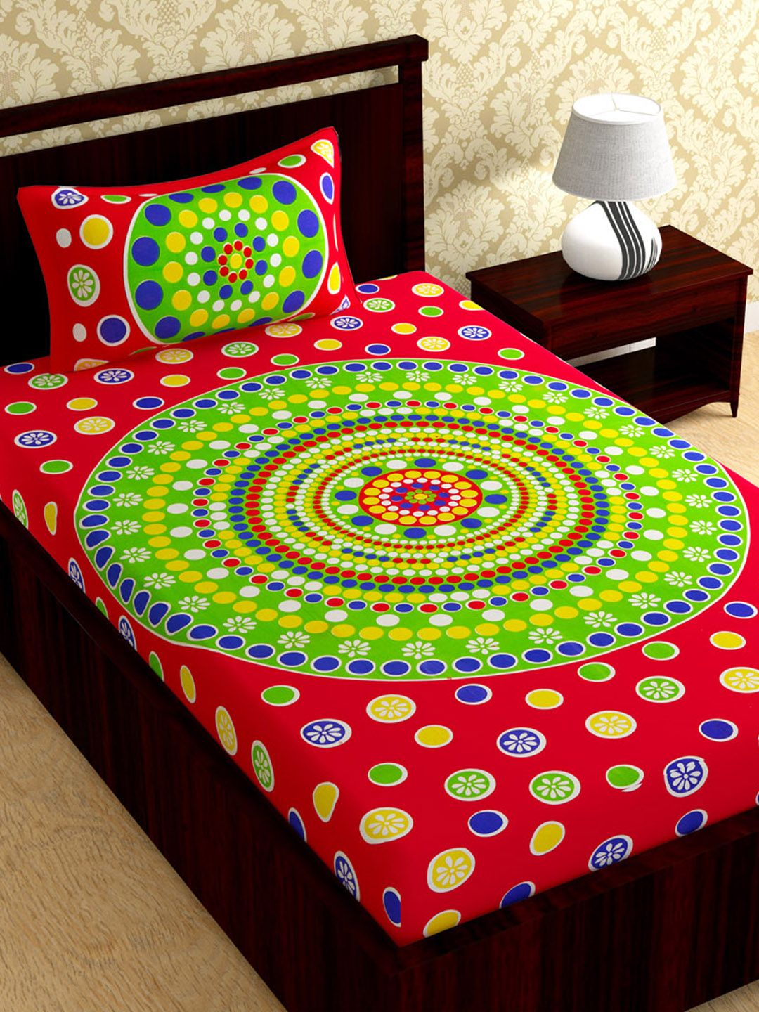 Urban Magic Red & Green Geometric 104 TC Single Bedsheet with 1 Pillow Covers Price in India