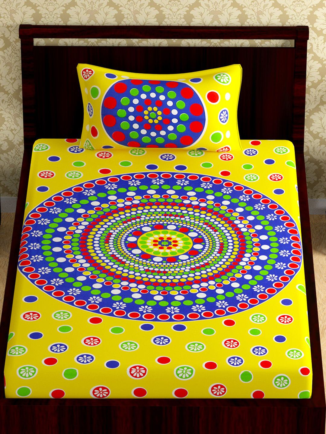 Urban Magic Yellow & Blue Geometric 104 TC Single Bedsheet with 1 Pillow Covers Price in India