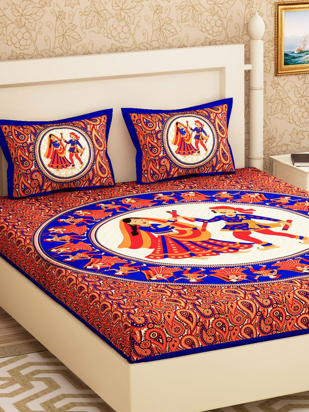 Urban Magic Red & Blue Ethnic Motifs 104 TC Queen Bedsheet with 2 Pillow Covers Price in India