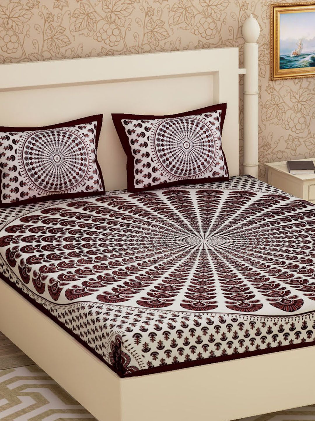 Urban Magic Adults Off White & Brown Geometric 104 TC Queen Bedsheet with 2 Pillow Covers Price in India